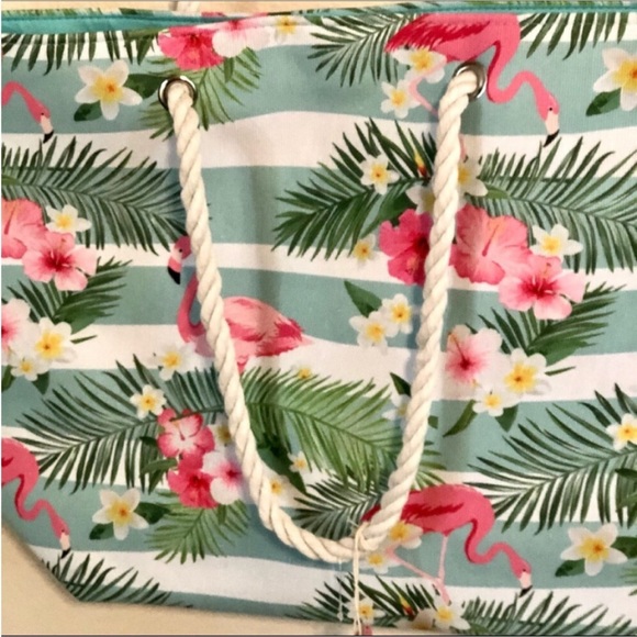 NWT Hibiscus, Flamingo & Palm Beach Bag Shopping Bag - Picture 2 of 5